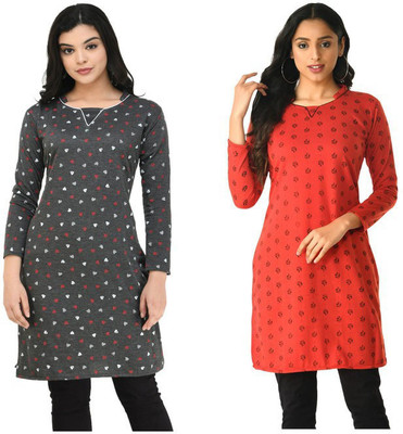 Indeweaves Women Floral Print A-line Kurta(Red, Grey)
