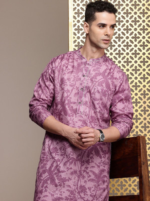 House of Pataudi Men Printed Straight Kurta(Brown)