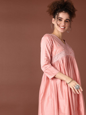 V-MART Women Self Design A-line Kurta(Pink)