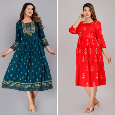 Vorcia Febtex Women Printed Flared Kurta(Red)