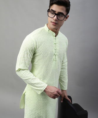 Jompers Men Chikan Embroidery Straight Kurta(Light Green)