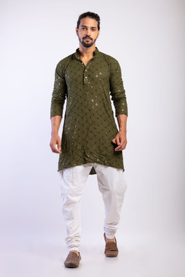 COLLARLINE Men Embroidered, Embellished Straight Kurta(Dark Green)