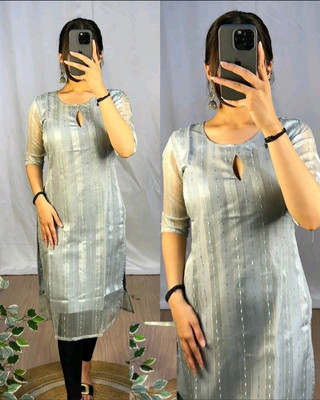 VHCK ENTERPRISE Women Embroidered A-line Kurta(Grey)