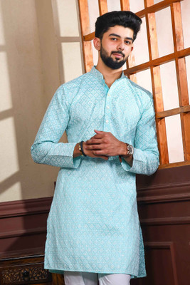 Koshin Men Printed Straight Kurta(Light Blue)