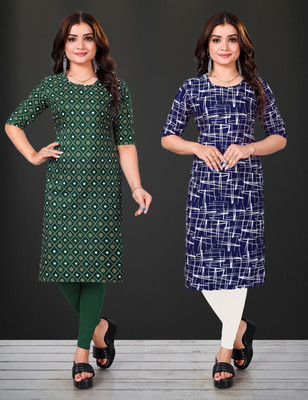 KASASKA Women Printed Straight Kurta(Blue)