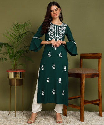 Kapad Dwar Women Embroidered A-line Kurta(Dark Green)