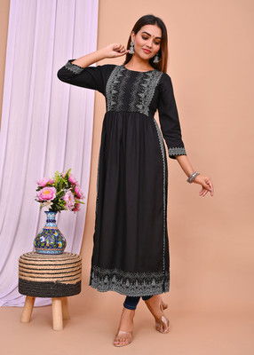 dimonsher Women Printed Flared Kurta(Black)