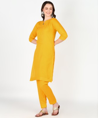 Anvi creation Women Embroidered Straight Kurta(Yellow)