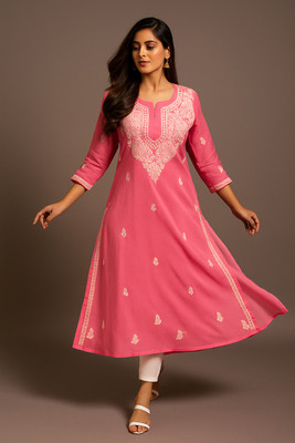 VELORA Women Embroidered A-line Kurta(Pink)