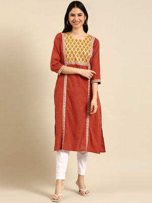 ANOUK Women Striped Straight Kurta(Orange)