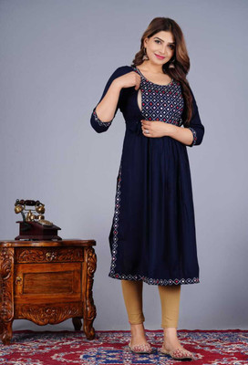 Anikaa Fashion Women Embroidered Straight Kurta(Dark Blue)
