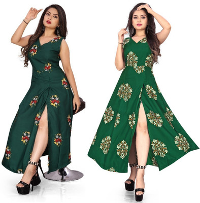 Hiral Creation Women Printed, Floral Print Frontslit Kurta(Green)