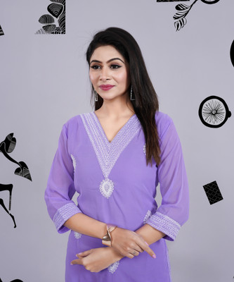 GOKUL TRENDZ Women Chikan Embroidery Straight Kurta(Purple)