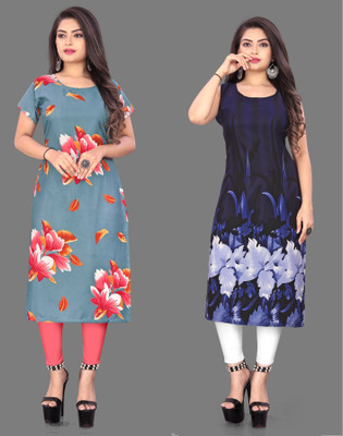 tanvi creation Women Printed Straight Kurta(Grey, Blue)