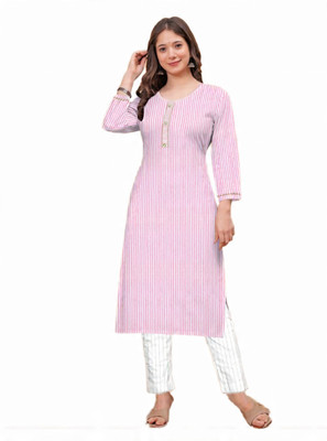 Hornbill Women Striped A-line Kurta(Pink, White)
