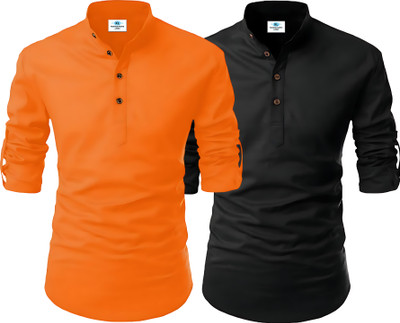 Fashion Marts Men Solid, Self Design Straight Kurta(Orange, Black)