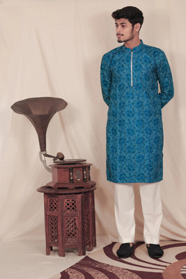 House Of Sanskruti Men Self Design Straight Kurta(Blue)