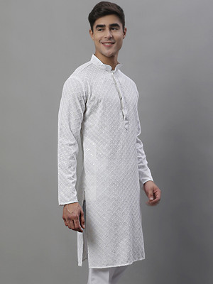 Jompers Men Embroidered Straight Kurta(White)