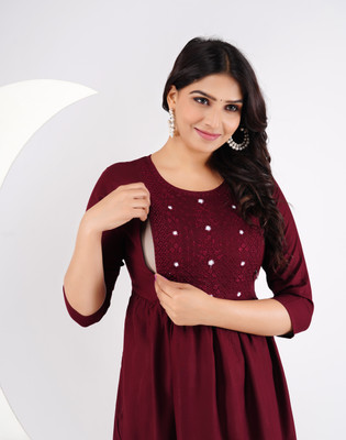 Khoj Bagda Women Embroidered Anarkali Kurta(Maroon)