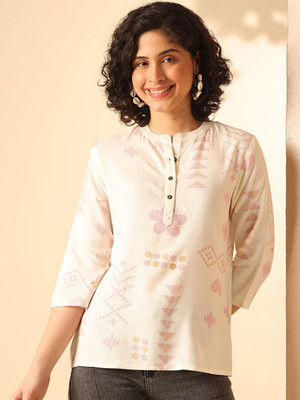 ANOUK Women Geometric Print Straight Kurta(White)