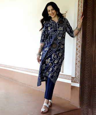 QISSA Women Printed A-line Kurta(Blue)