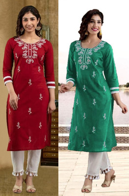 vikshi Women Chikan Embroidery A-line Kurta(Multicolor)