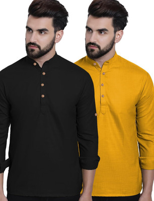 Vimal Star Men Solid Straight Kurta(Black, Yellow)