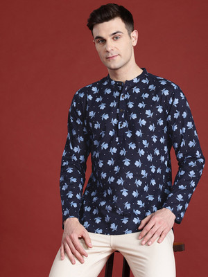 ANOUK Men Floral Print Straight Kurta(Dark Blue, Light Blue)