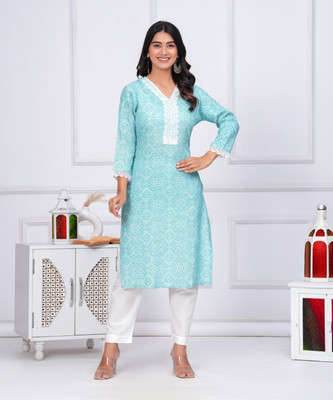 D&H Women Printed Straight Kurta(Light Blue)