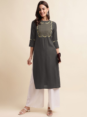 MIRCHI FASHION Women Embroidered Straight Kurta(Grey)