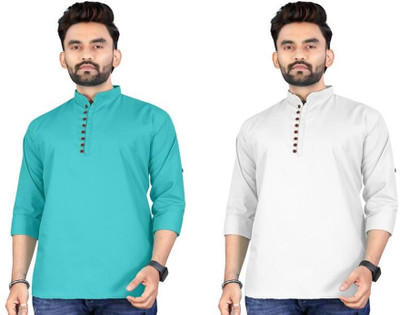 UNIQUE MOMENTS Men Solid Asymmetric Kurta(Green, White)