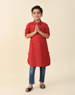 Fabindia Boys Printed A-line Kurta(Red)