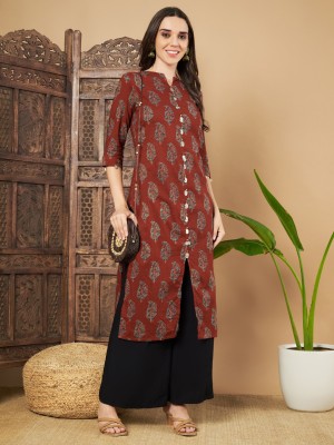 FABRIC FITOOR Women Printed Straight Kurta(Maroon)