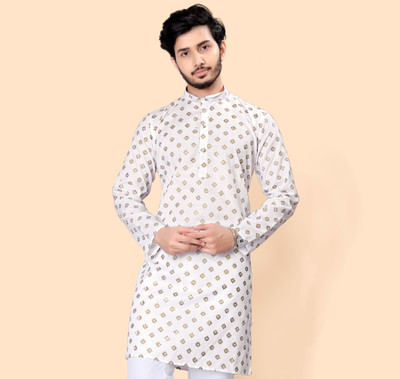 Nnc Men Geometric Print Straight Kurta(White)