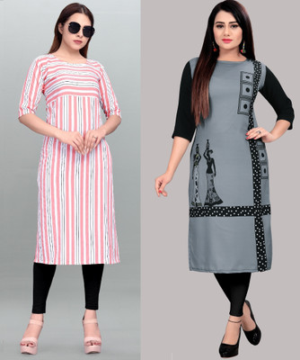 maruti fab Women Printed, Striped Straight Kurta(Pink)