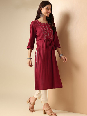 ANOUK Women Self Design A-line Kurta(Maroon)