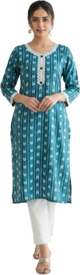 Designally Women Geometric Print, Striped, Printed, Embellished Straight Kurta(Blue)