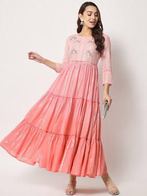 Hisham Women Embroidered Flared Kurta(Pink)