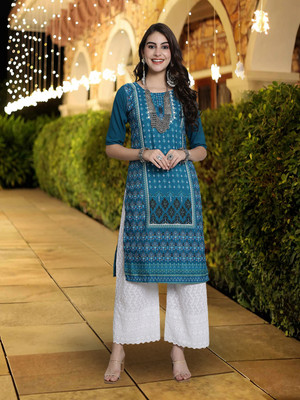1 Stop Fashion Women Printed A-line Kurta(Blue)