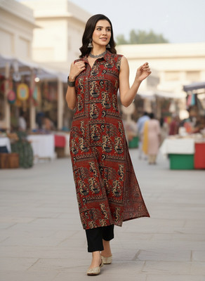 Sa Rasa Women Floral Print Straight Kurta(Maroon)