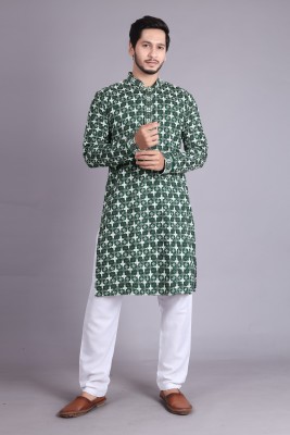 ALMORA Men Chikan Embroidery Ethnic Dress Kurta(Green)