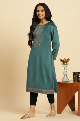 Wishful Women Embroidered A-line Kurta(Green)