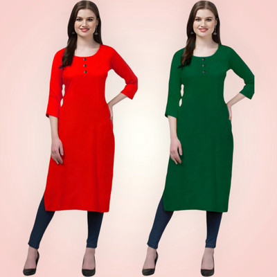 Coft Women Solid Straight Kurta(Red, Green)
