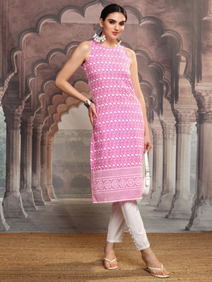 Vishudh Women Embroidered Straight Kurta(Pink)