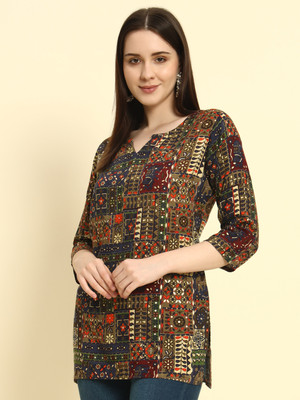 HYTEN Women Printed Straight Kurta(Dark Blue)