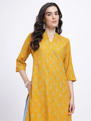 Anouk Rustic Women Printed Straight Kurta(Yellow)