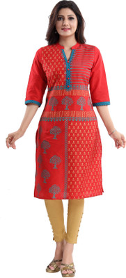 Keshubaba Women Printed Straight Kurta(Red, Beige, Blue)