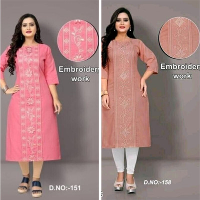 Ladylaz Women Embroidered Straight Kurta(Pink, Orange)