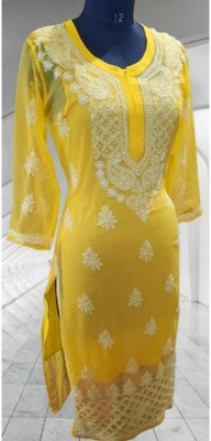 KKHENTPRS Women Chikan Embroidery Ethnic Dress Kurta(Yellow)