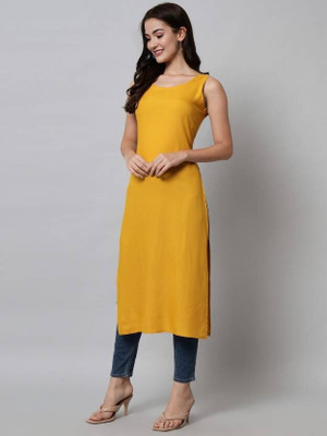 STYLE GRID Women Solid Straight Kurta(Yellow)